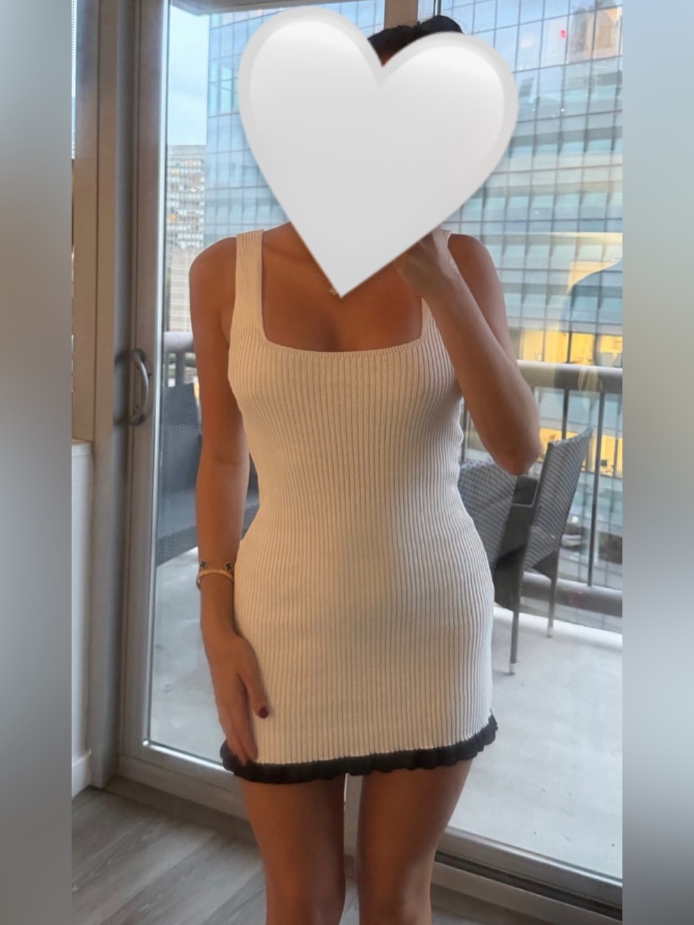 Zara Cream Ribbed Tank Dress with Black Scalloped Hem